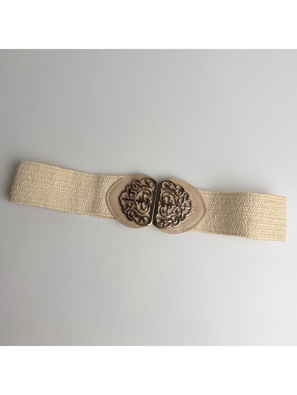 Woven Raffia Style Stretch Waist Belt Natural Cream Ornate Gold Statement Buckle